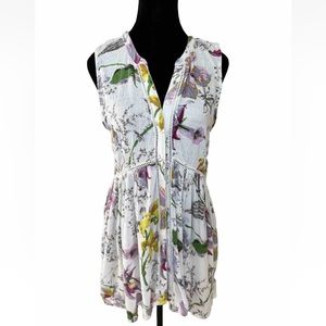 Anthropologie Nia S Tunic Top White Floral Print Ladder Lace Sleeveless Cottage